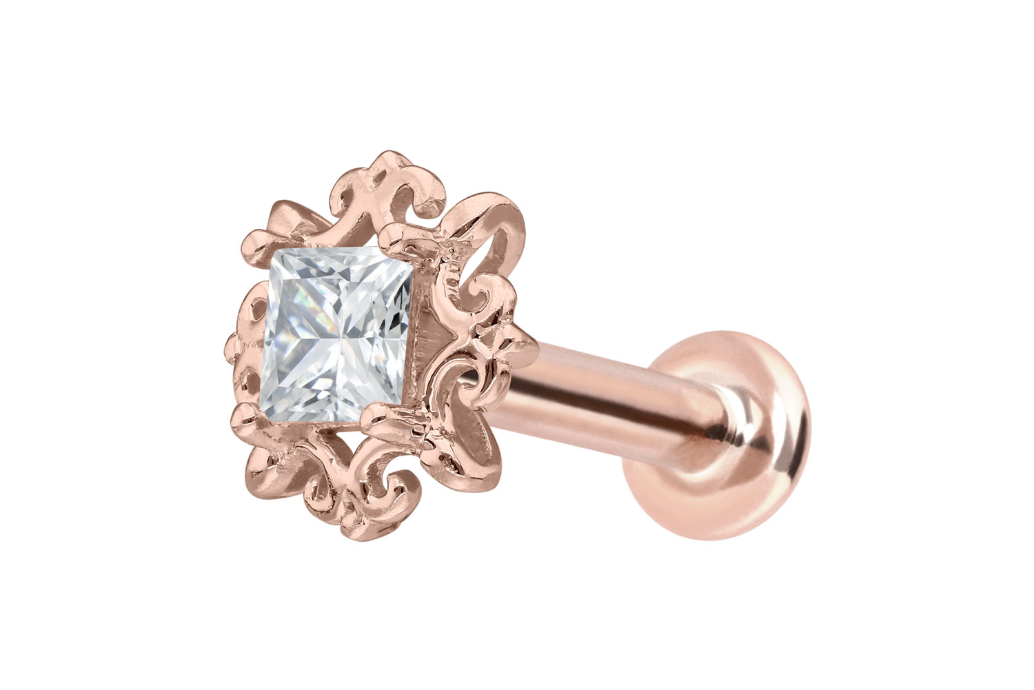 14 Karat Gold Labret Piercing mit Innengewinde MOISSANIT-QUADRAT + ORNAMENTE